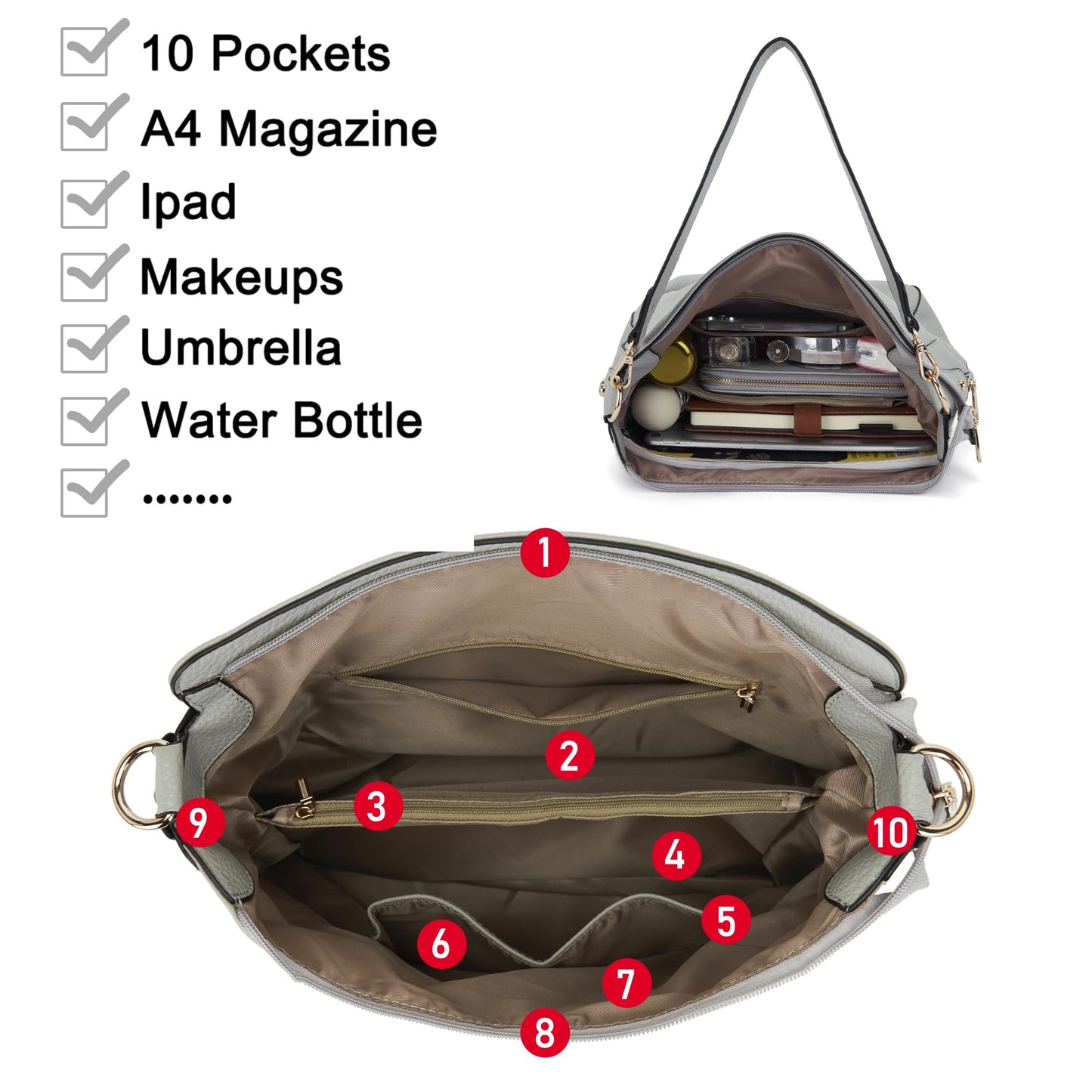 Large Crossbody Purses Set For Women Shoulder Bag Tote Handbags Ladies Hobo Bags With Wallet 4PCS Grey