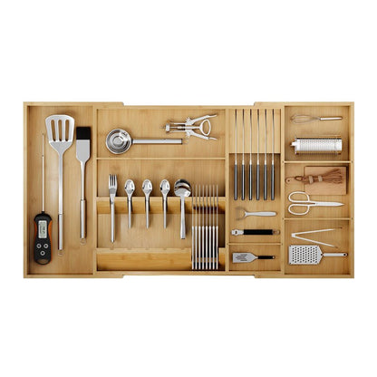 Landmok Bamboo Silverware Drawer Organizer, 17.72-29.53 Inch Expandable Large Kitchen Drawer Organizer, 5-8 Slot Flatware with Removable Card Slots & Knife Block for Spoon Butter Knive, Natural