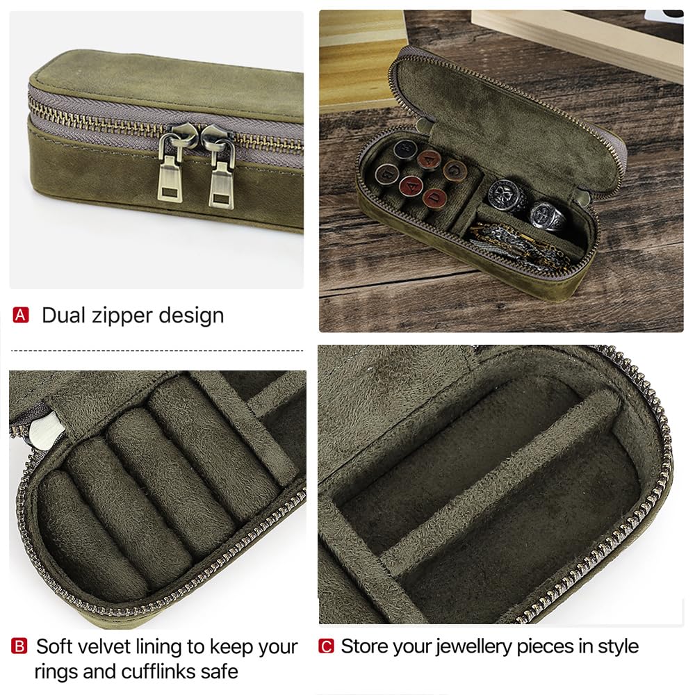 CONTACTS Crazy Horse Leather Cufflink Box for Men Travel Jewelry Storage Case Small Jewelry Organizer Padded Tray for Cufflinks Rings Earrings Studs (Green)