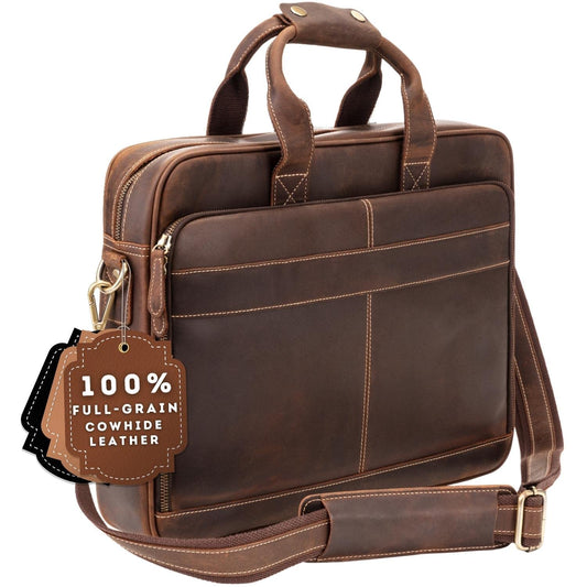 Luxorro Full Grain Leather Briefcase, Handcrafted Laptop Bag with Multiple Compartments, Fits 15.6 Inch Laptop