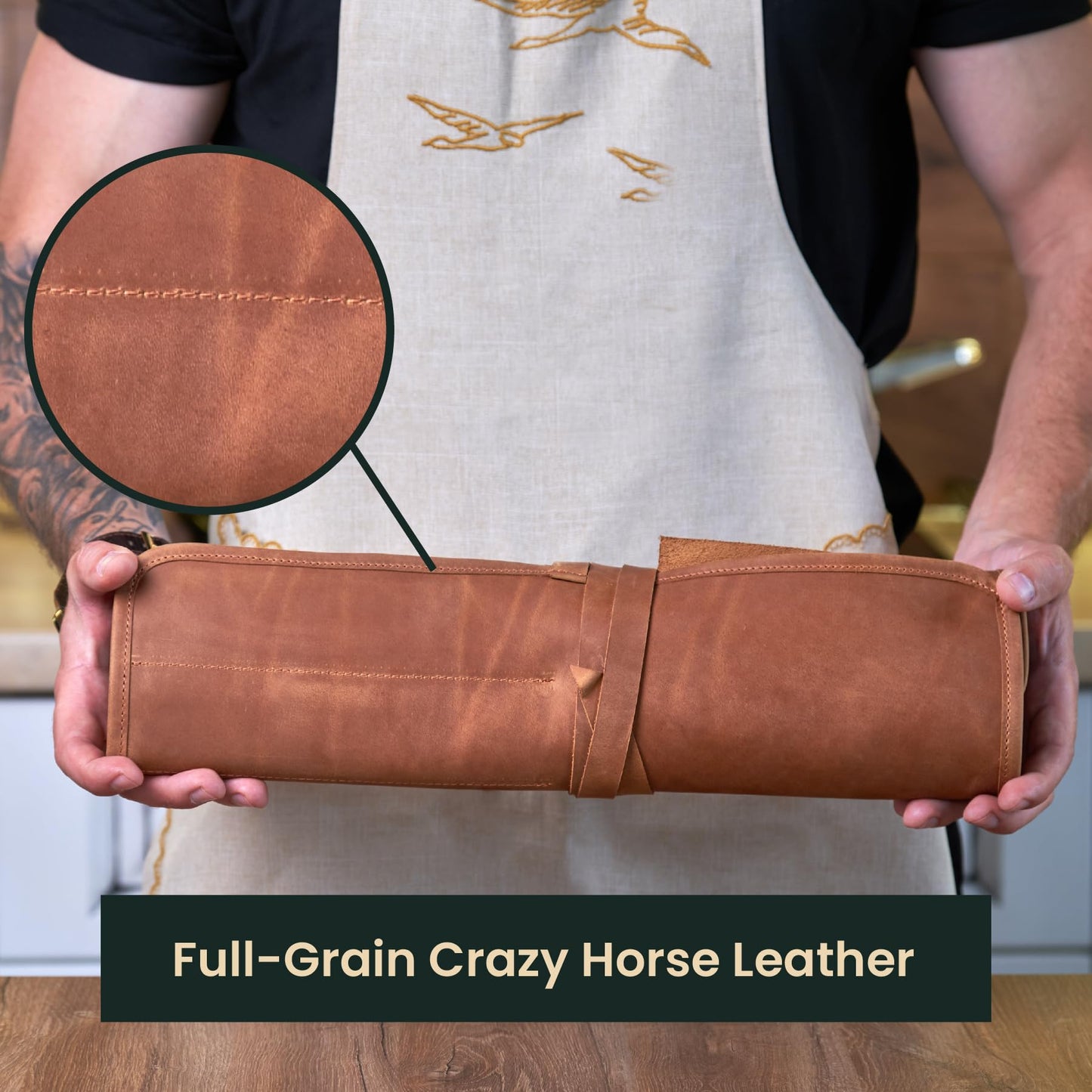 OMBUO Professional's Leather Knife Roll Bag, Leather Knife Roll For Chef, Caramel Brown