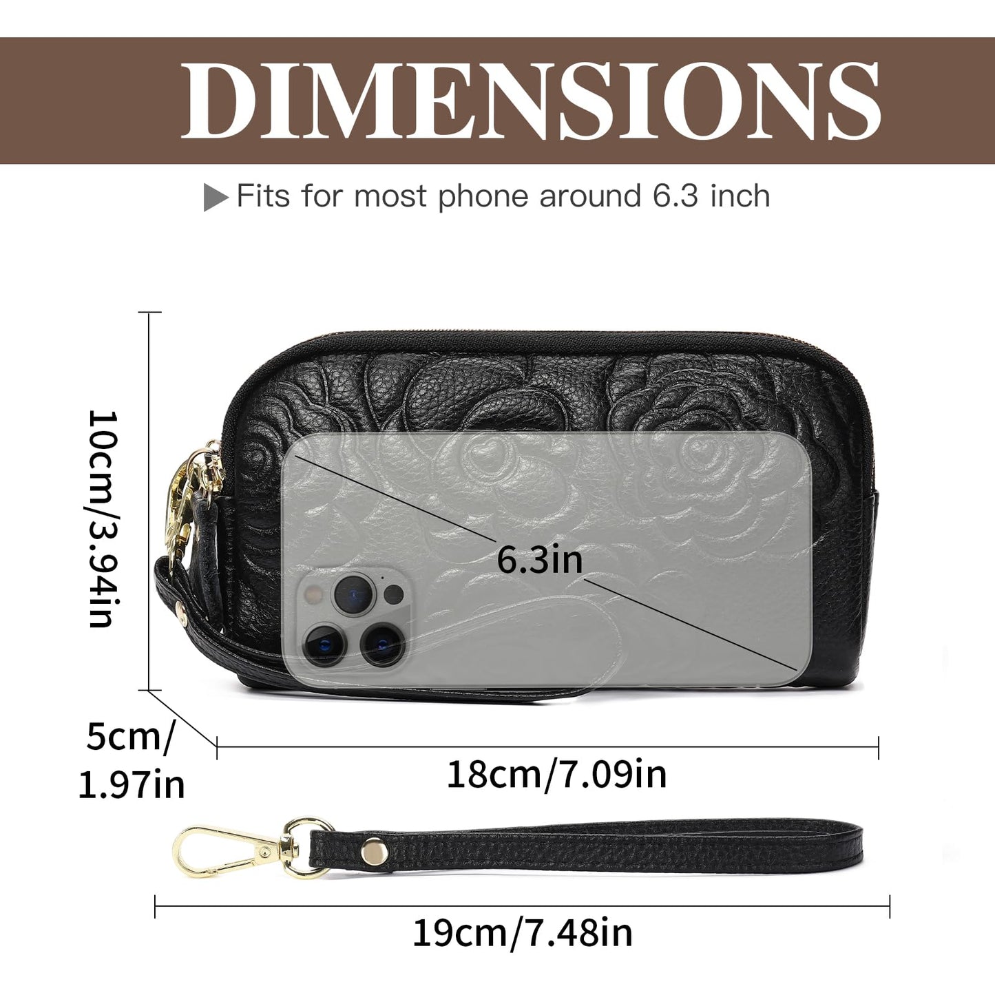 GOIACII Wristlet Wallets for Women Leather Womens Wallet Large Capacity Clutch Purse Handbags 3 Zippers with Strap Black