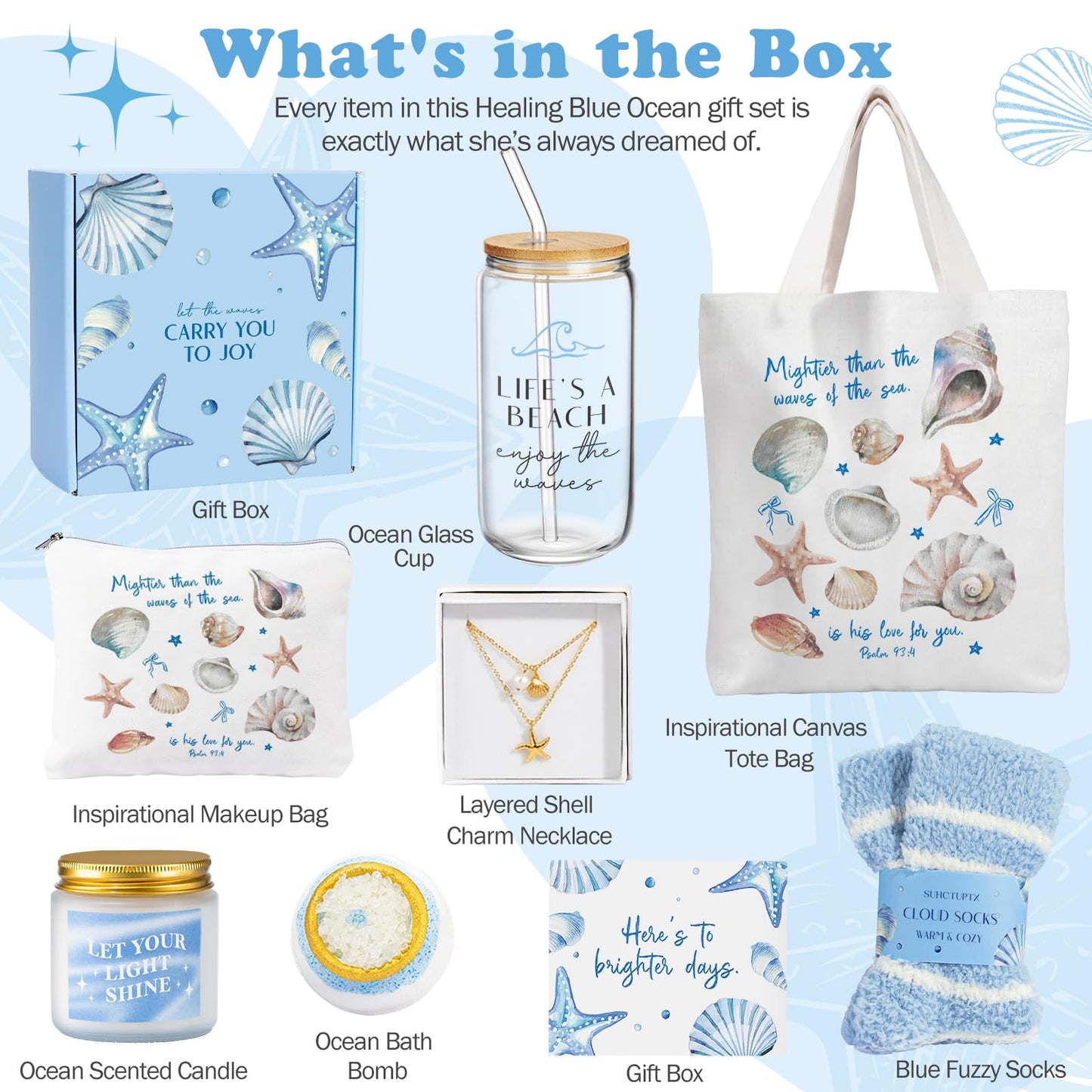 Gifts for Women, 8pcs Ocean Happy Birthday Gifts for Women, Christmas Ideas Inspirational Get Well Soon Gift Baskets Mothers Day Box w/Seashell Tote Bag for Her Mom Sister Friend Friendship