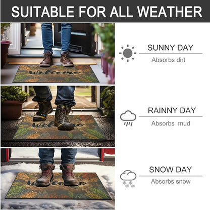 CHICHIC Door Mat Welcome Mat 17x 30 Inch Front Door Mat Outdoors for Home Entrance Outdoors Mat for Outside Entry Way Doormat Entry Rugs, Heavy Duty Non Slip Rubber Back Low Profile, Retro Leaves