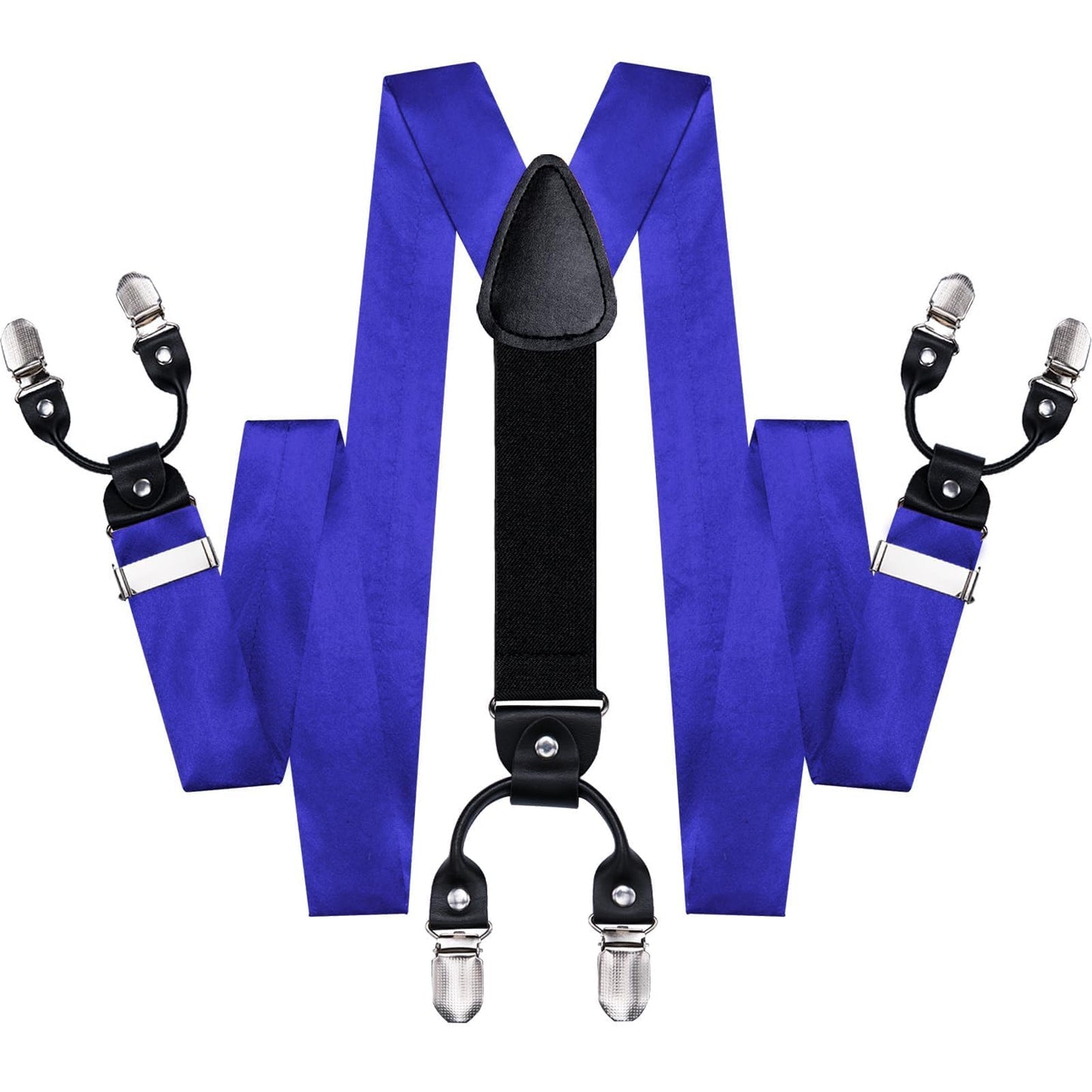 Hi-Tie Royal Blue Satin Suspender Bowtie Set for Men Suspenders Pre-tied Bow Tie Pocket Square Cufflinks Adjustable Y Shape 6 Clips Braces Tuxedo