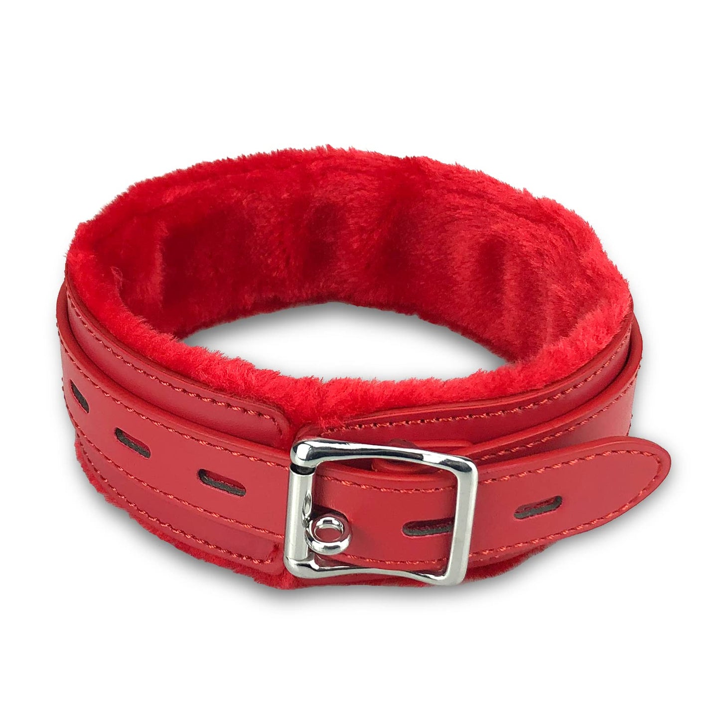 Gothic Leather Choker Collar, PU Leather Fur Lined Pet Collars Necklace with Long and Durable Detachable Leash Chain Pet Collars, Red