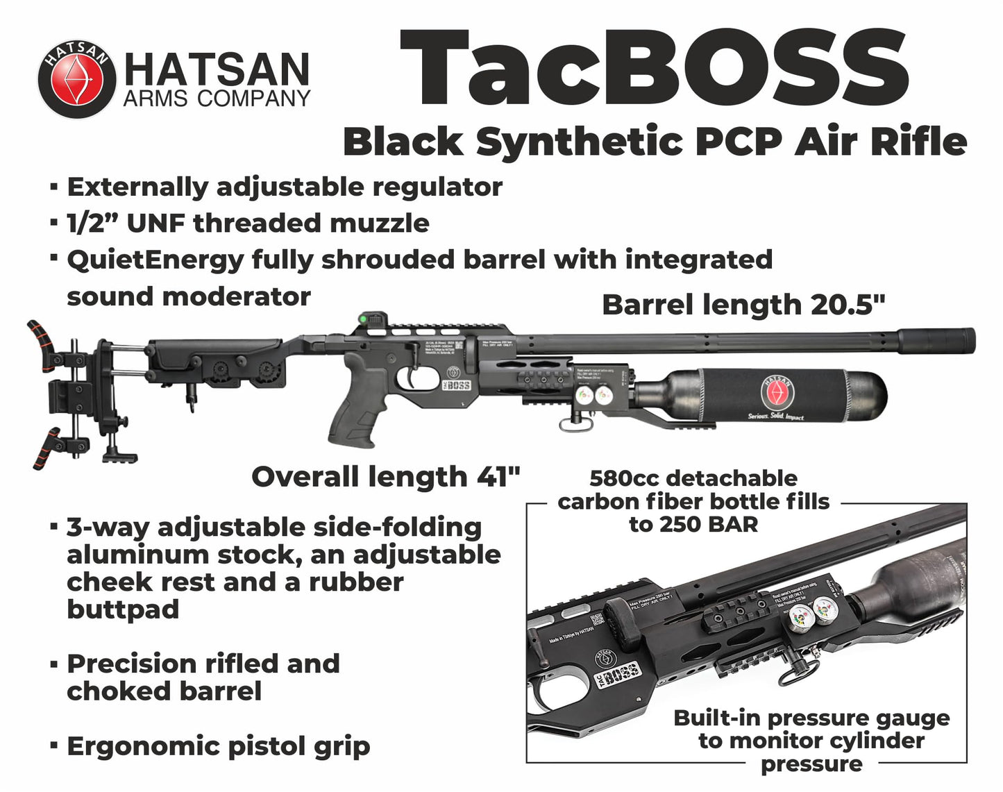 Hatsan TacBoss .25 Cal 905 FPS 37 FPE 14-Shot PCP Black Air Rifle, Side-Lever Action, 580cc Air Cylinder, Dual Pressure Gauges, QE Technology w/ Wearable4U 150x .25cal Pellets & Scope w/Mounts Bundle