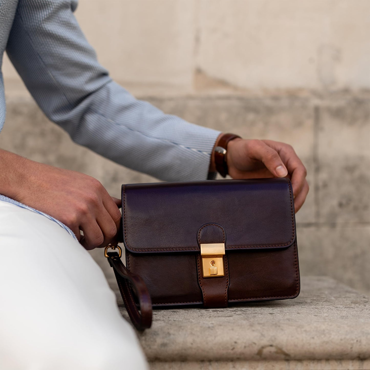 Time Resistance Leather Clutch - Organizer Bag for Men - Wrist Bag - Briefcase Handmade in Italy - Handbag for Men (Brown) - Gift Box Included
