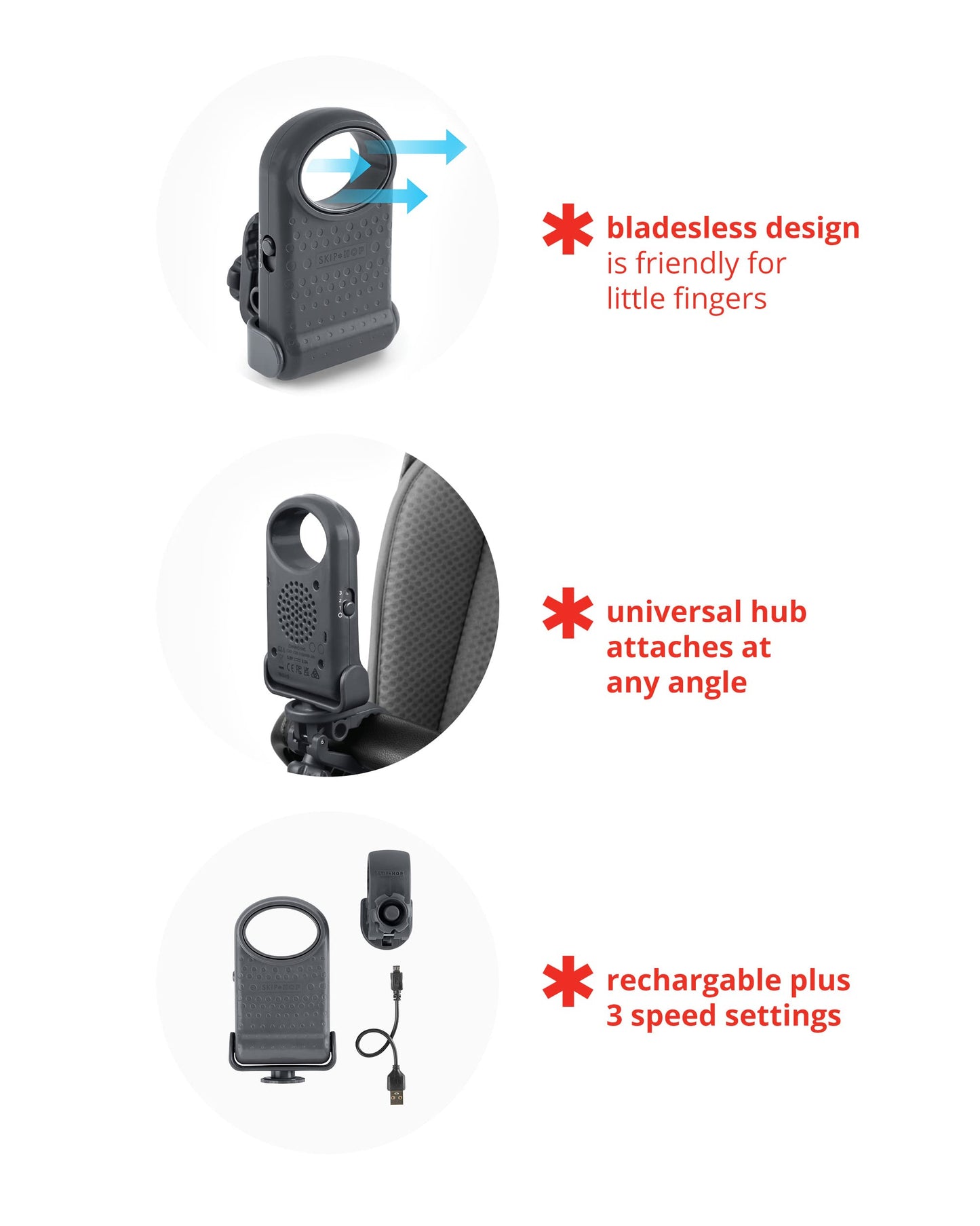 Skip Hop Portable Bladeless Stroller Fan, Adjustable 3 Speeds, Stroll & Connect, Grey