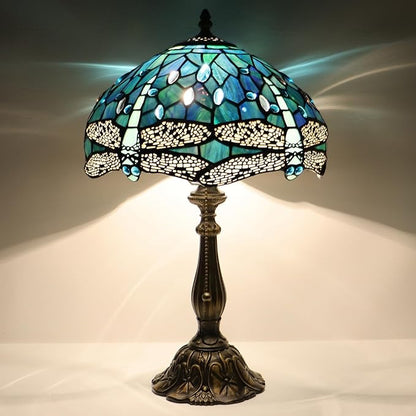 Tiffany Lamp Stained Glass Table Lamp Bedside Reading Light W12H19 Inches (Sea Blue Dragonfly Style)