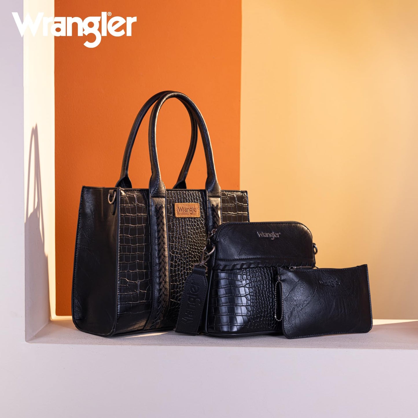 Wrangler tote bag for womens purses and handbags for women Crocodile black satchel bags 3pcs purse set gifts medium crossbody with guitar strap WG3-B8321BK