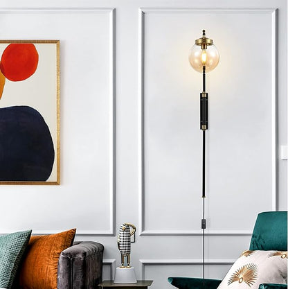 ELEHINSER Black Wall Sconces Set of 2 with Globe Shade, Modern Indoor Plug in Wall Lamps with Switch, Angle Adjustable Light for Bedroom Living Room Study Hallway Bedside