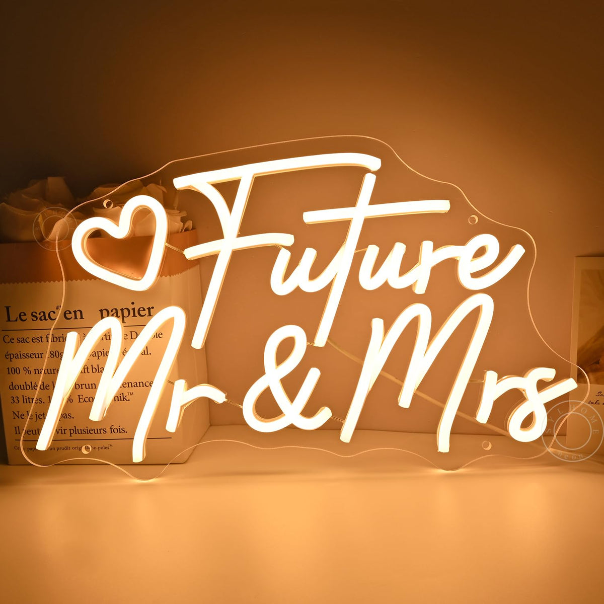 SYLHOME Future Mr & Mrs Led Neon Light Sign Wedding Wall Decor Sign Banner Engagement Party Bridal Shower Light Up Sign Backdrop 15.75" X 9.25" USB Warm