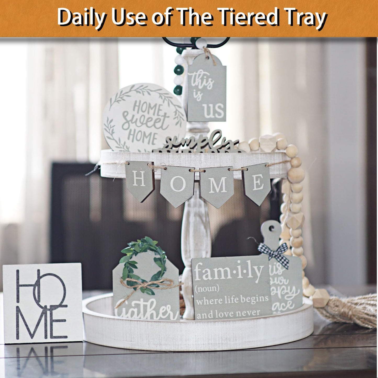 Decorative Tray - Two Tiered Tray Cupcake Stand Farmhouse Rustic 2 Tiered Serving Tray for Home and Kitchen Decor, Party, Weddings-Holiday Decoration Customizable Display Options(White)