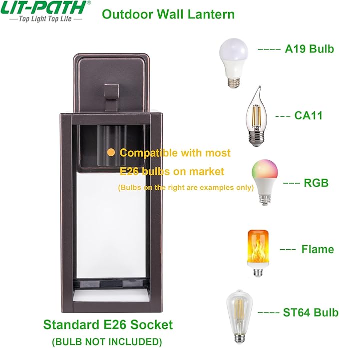 LIT-PaTH Outdoor Wall Lantern, Wall Sconce as Porch Lighting Fixture, E26 Medium Base Max 60W, Anti-Rust Metal with Glass Shade, Oil Rubbed Bronze Finish, 1-Pack