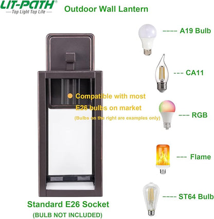 LIT-PaTH Outdoor Wall Lantern, Wall Sconce as Porch Lighting Fixture, E26 Medium Base Max 60W, Anti-Rust Metal with Glass Shade, Oil Rubbed Bronze Finish, 1-Pack