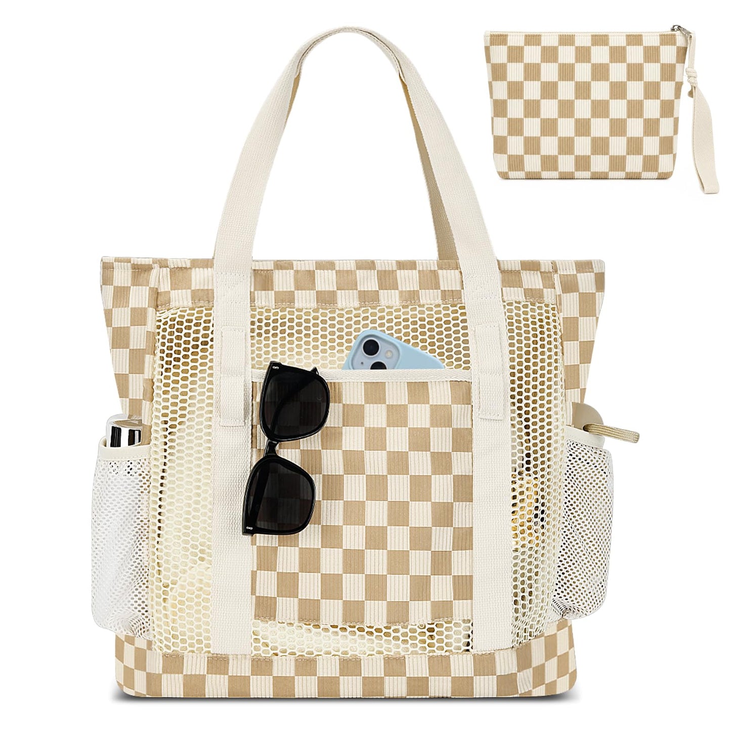MIAOJIE Mesh Beach Tote Bags for Women Corduroy Tote Bag Sandproof Mesh Beach Bag With Zipper Pocket Pool Bag for Weekender Travel Cruise Swim -Khaki Plaid