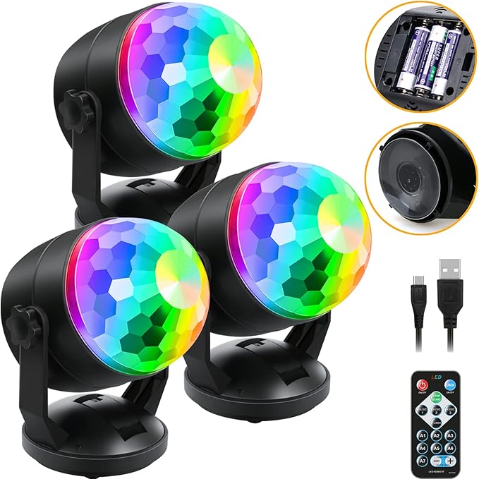 Luditek 3-Pack Disco Ball Party Lights, Sound Activated Battery Operated/USB Strobe Light w/Remote for Parties Karaoke Dancing Christmas Halloween Party Decorations Supplies for Home Room Indoor