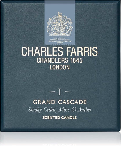 Charles Farris Luxury Scented Candle – 1 Wick, Hand-Poured, Long Lasting, Clean Burning, 210g / 7.5oz, Burns for up to 50 Hours, Made in England – Smokey Cedar, Moss & Amber – Grand Cascade