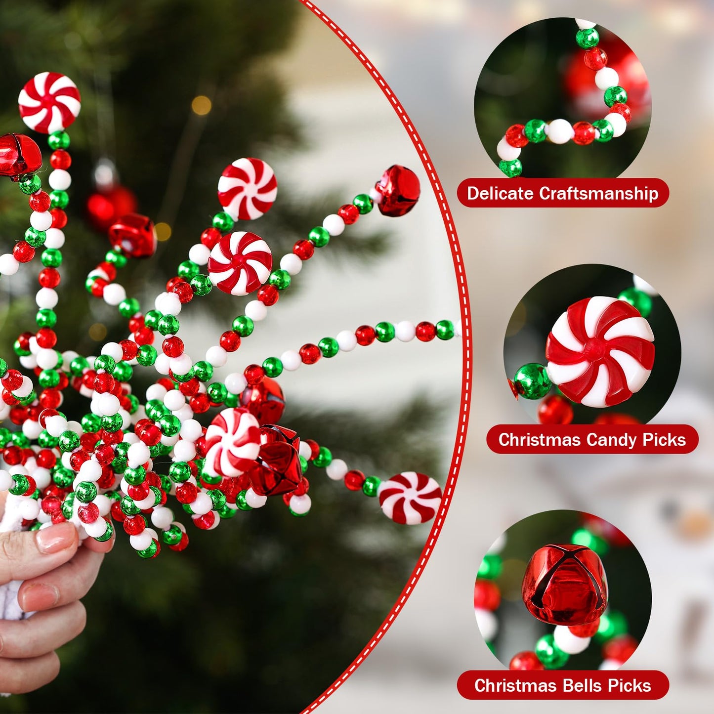 Liliful 40 Pcs Christmas Candy Cane Hanging Ornament Christmas Tree Curly Picks Twisted Lollipop Peppermint Strips and Bells Strips Candy Cane Decor for Xmas Tree Topper Party(Red, Green, White)