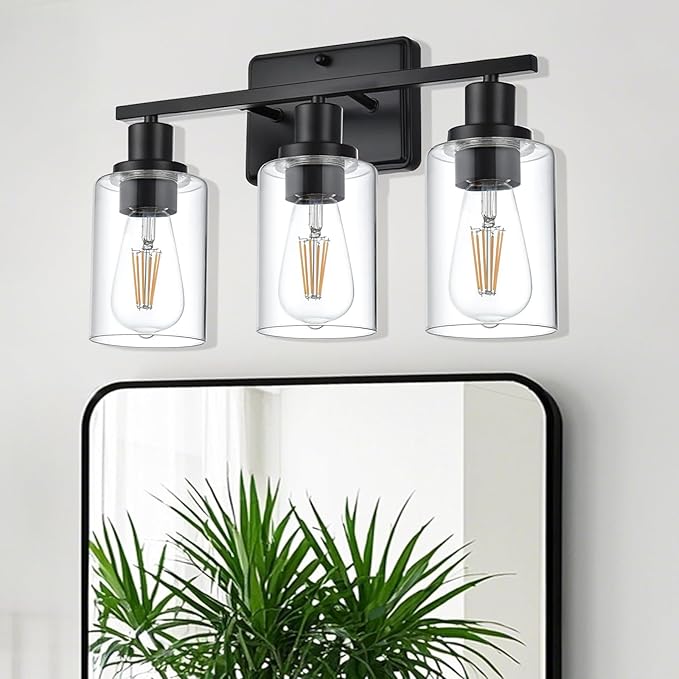 Bathroom Vanity Light,3-Light Modern Black Bathroom Light Fixtures with Clear Glass Shade,Wall Lamps for Living Room,Bath Vintage Wall Mounted Lights for Mirror,Bedroom
