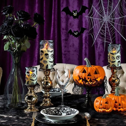 Flickering Flameless Candles Halloween Bat Embedded Star String Lights, Battery Operated Acrylic LED Pillar Candles with 11-Key Remote and Timer for Home Decoration, 3 Pack