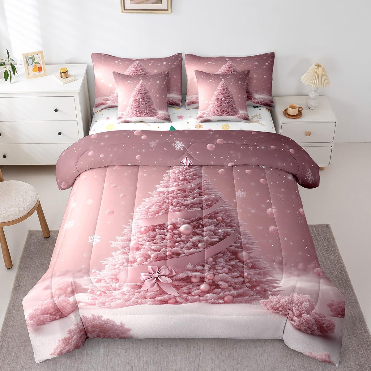 Manfei Pink Xmas Tree 7 Pieces Comforter Set Full,Kawaii Bowknot Snowflake Bedding Set for Bedroom Decor,Merry Christmas（Comforter+Fitted+Flat Sheet+2 Pillowcases+2 Throw Pillow Covers）