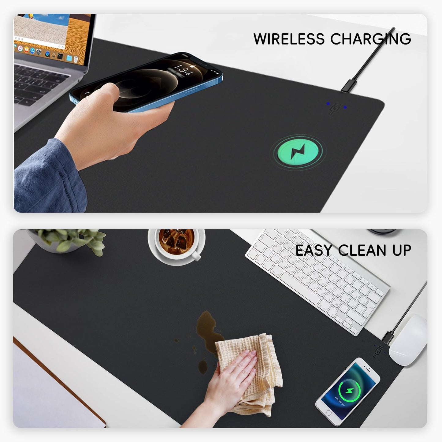 Mouse Pad with Wireless Charging, PU Leather Fast Charging Gaming Mouse Pad, Waterproof Anti-Slip Surface, Easy Clean Office Table Mat, 32L x 16W x 0.15H inches, Black(Right Side Charging Port)
