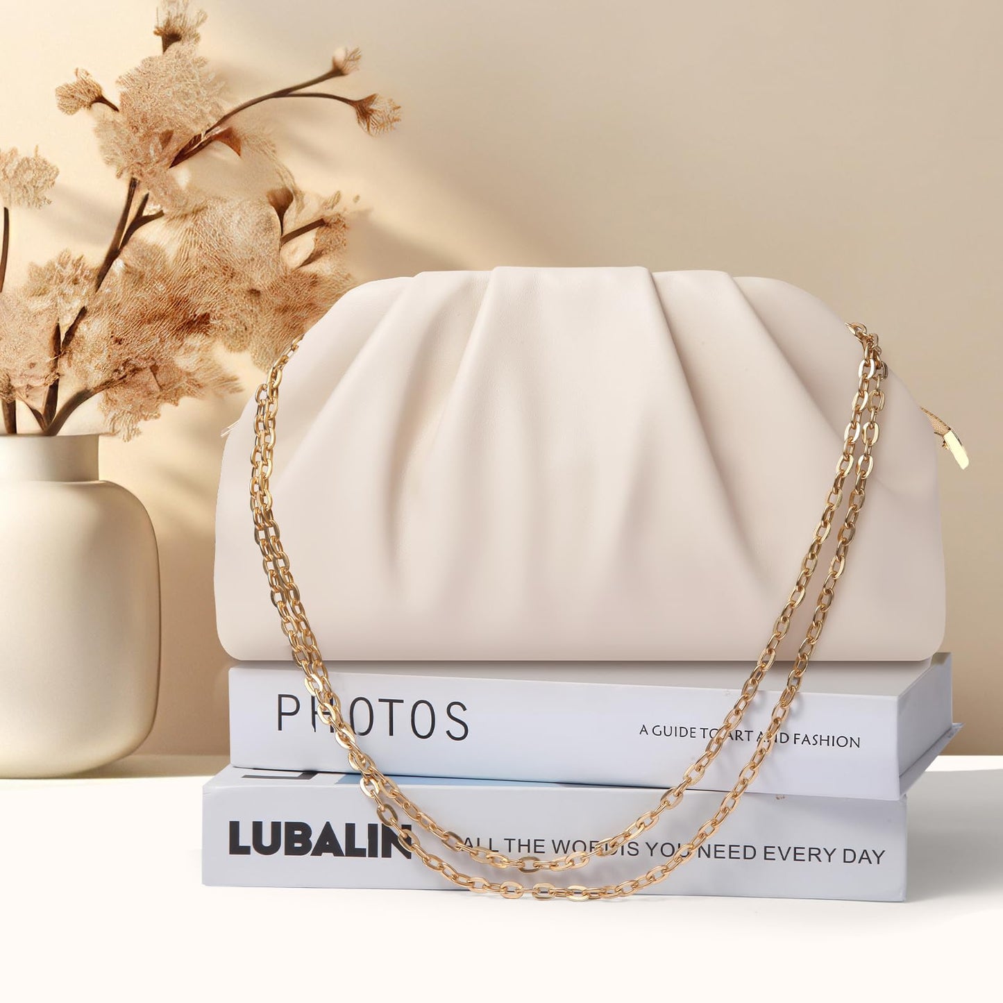 lovyoCoCo Clutch Purse for Women Soft Pleated PU Wedding Clutch, Elegant Evening Bag for Galas, Proms,Cocktail Parties (Beige)