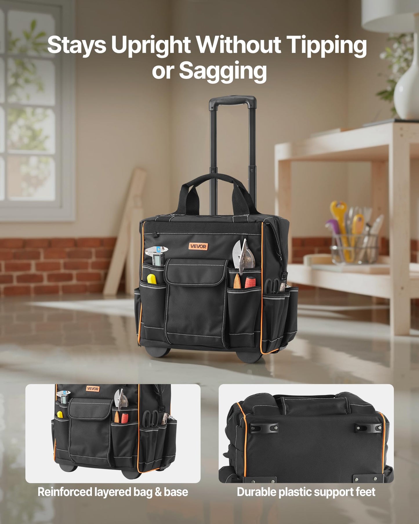 VEVOR 15" Rolling Tool Bag, 110 lbs Load Capacity, 25 Pockets Heavy Duty Roller Tool Bag on Wheels, Adjustable Telescoping Handle & Stable Base, Toolbag Organizers w/Wheels for Construction, Mechanic