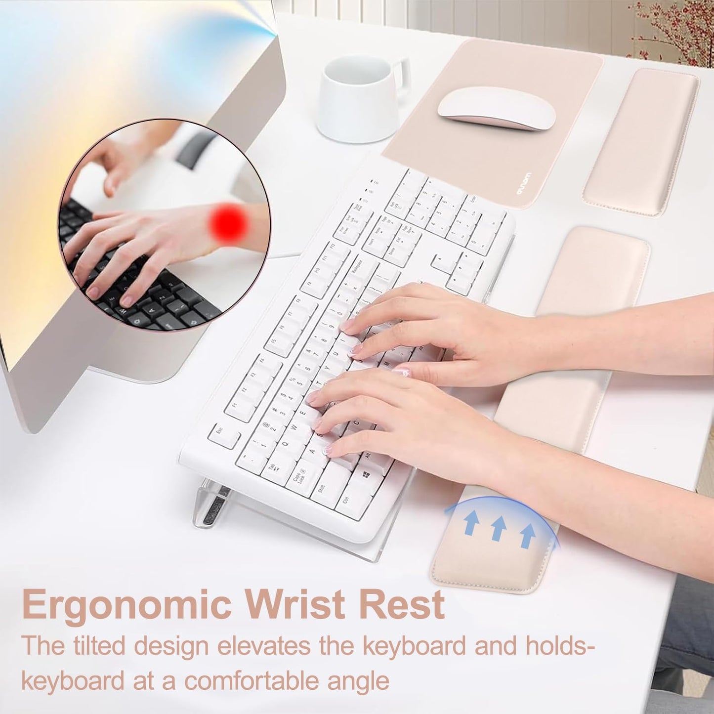 MOSISO Computer Keyboard Stand&Wrist Rest Support for Keyboard and Mouse, Large Rectangular Ergonomic Wrist Rest Mouse Pad Set, Pain Relief Easy Typing Non-Slip Cushion Pad for Home/Office, Apricot