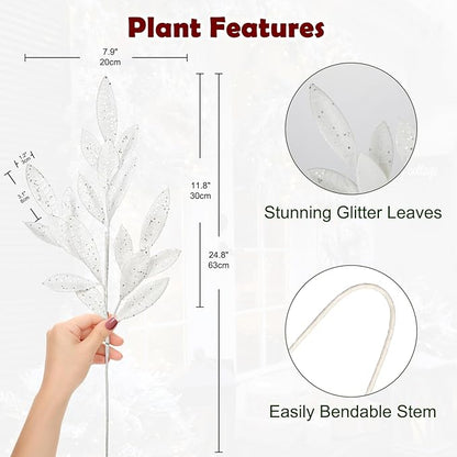 DILATATA 6Pcs Christmas Glitter Leaves Bay Leaves Spray 24" Artificial White Bay Leaf Picks Sprays Giltter Stems for Halloween Centerpiece Christmas Home Decor Home Decor - White