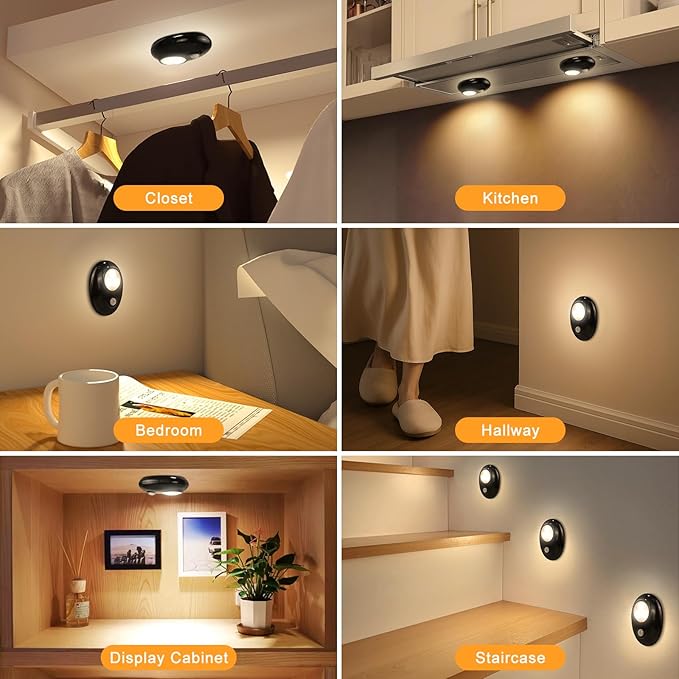 Motion Sensor Puck Lights, 3 Color Temps Dimmable LED Closet Light, Wireless USB Magnetic Cabinet Lights, Black Stick On Motion Sensor Light Indoor for Stair, Kitchen, Shelf (6 Pack)