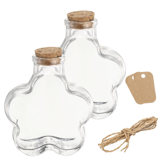 uxcell 2 Pcs 11.4 oz/380ML Flower Shaped Glass Jars With Cork Stoppers, Clear Message Wishing Bottle with Twine and Blank Tags for Halloween Decorations, Wedding Shower Favors
