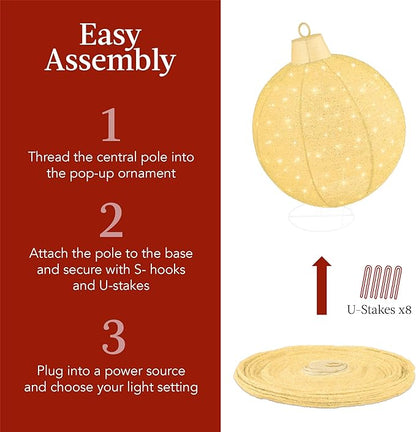 Best Choice Products 2pc Lighted Pop-Up Outdoor Christmas Ornament Set, Holiday Ball Decoration w/ 180 LED Lights, 8 Light Functions - Gold/White