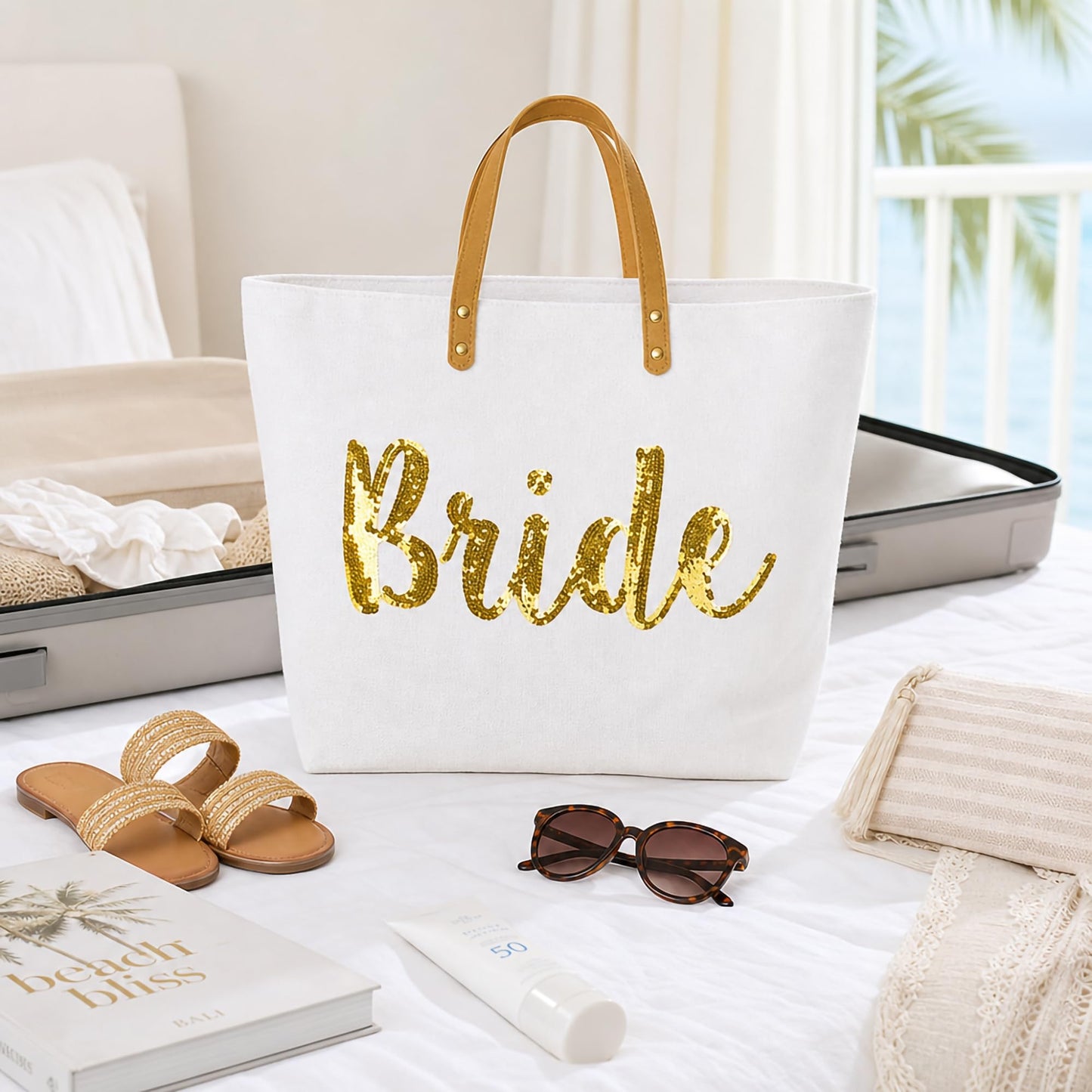 Mud Pie Bride Tote Bag, Bridal Shower Gift with Gold Sequin Script, Bridal Bag With Vegan Leather Handles