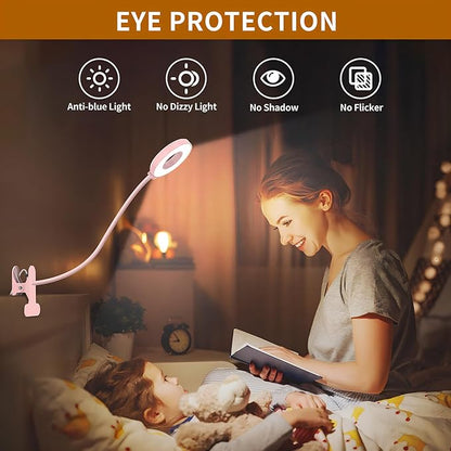 iZELL Desk Lamp, LED Reading Light with Clamp, 3 Color Modes & 10 Brightness Flexible Gooseneck Book Light for Kids Reading Book in Bed at Night Clip on Table, Computer, Zoom Meetings - 27.6‘’ Pink