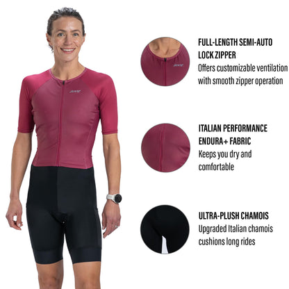 Zoot Women’s Core Tri Aero FZ Racesuit, Short Sleeve Moisture-Wicking Triathlon Suit, Plush Chamois & Race Day Storage - Plum - 2X-Large