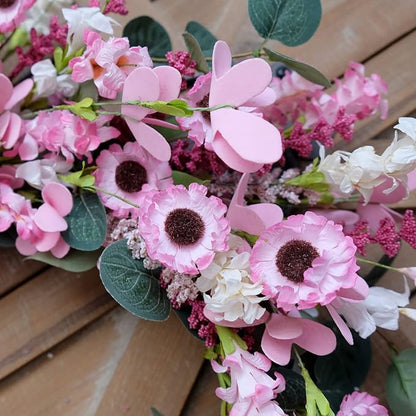 Idyllic 18 Inch Pink Daisy Wildflowers Spring Summer Wreath for Front Door, Pink Lavender Eucalyptus Leaves for Valentine Wedding, Faux Flower for Indoor and Outdoor