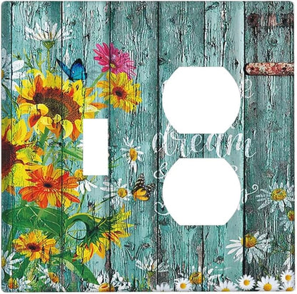 Decorative Light Switch Cover Plate Rustic Vintage Wood Planks Sunflower Butterfly 2 Gang Outlet Covers 1 Toggle 1 Duplex Wall Plate Decorate Electrical Switch Plate Covers for Bathroom Home Decor