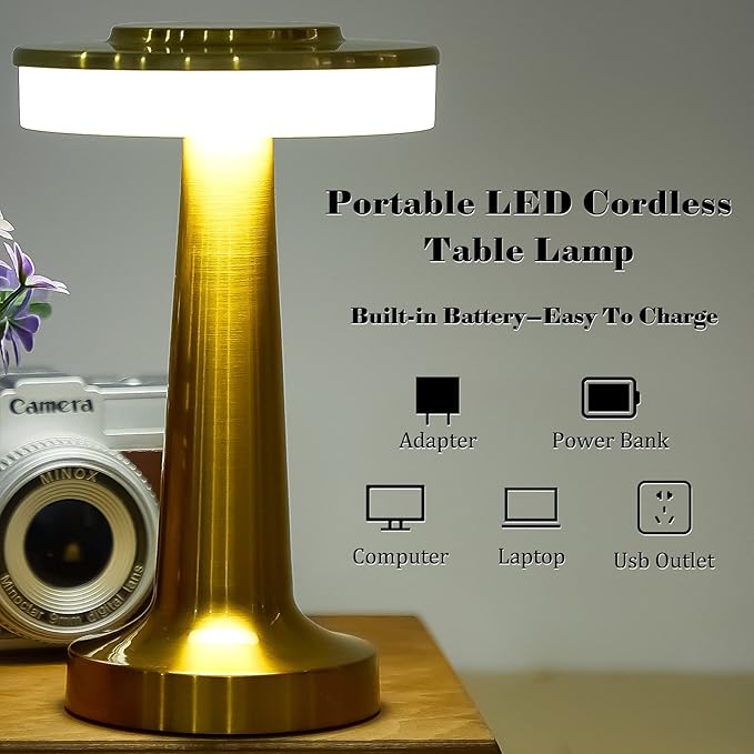 VIHOSE 24 Pcs Gold Cordless Table Lamps LED Portable Rechargeable Table Lamp with Touch Sensor 3 Color Dimming up to 15 Hours Battery Desk Light for Restaurant Nursery Living Room