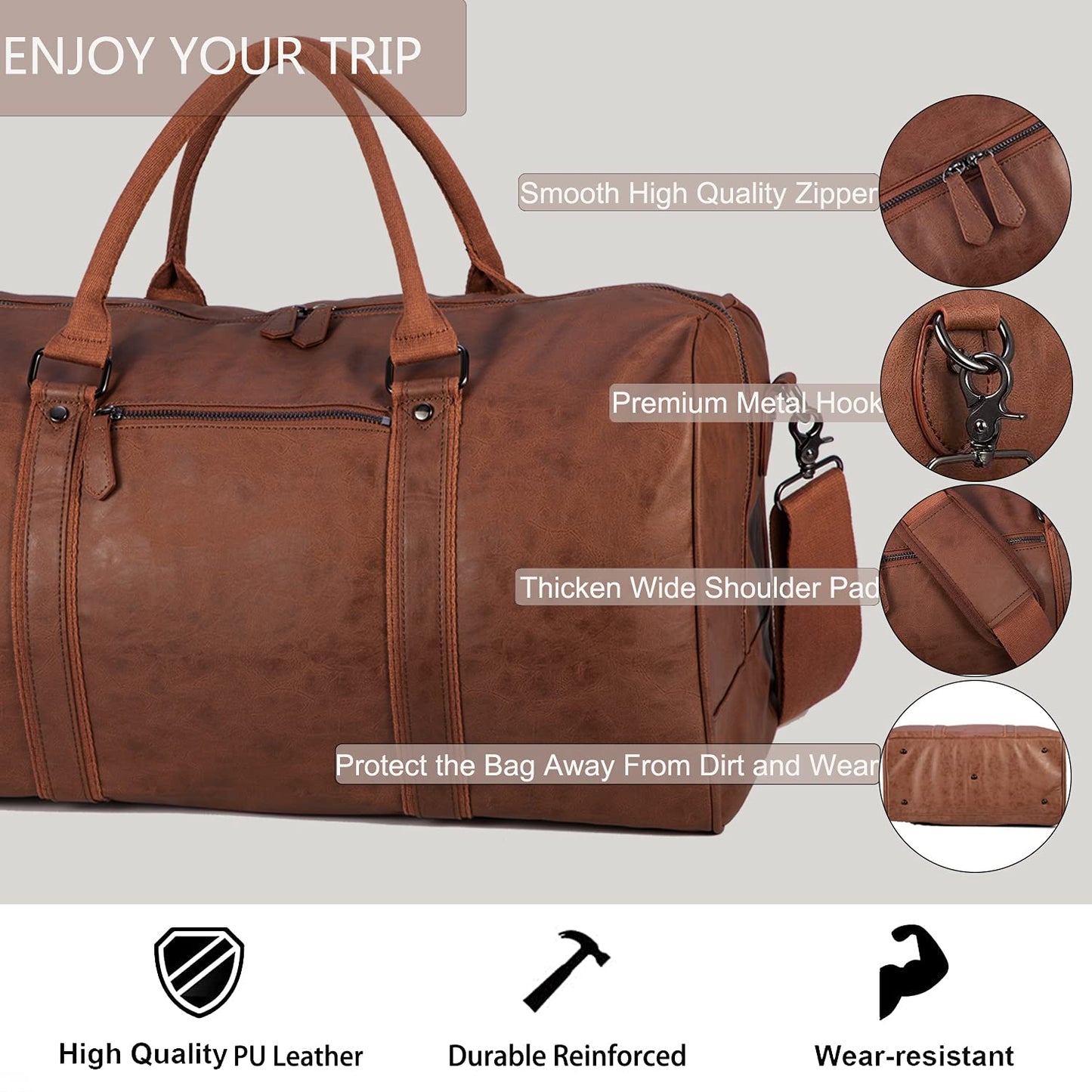 seyfocnia Oversized Travel Duffel Bag, Waterproof Leather Weekend bag Gym Sports Overnight Large Carry On Hand Bag-Brown