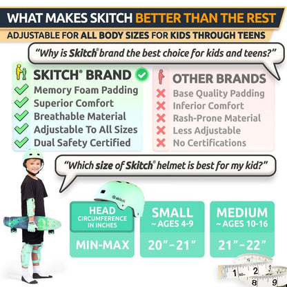 SKITCH Skateboard Helmet for Kids Teens with Premium Memory Foam Padding | Triple Certified Adjustable Protective Sport Head Gear Scooter Roller Skate Inline Skating Rollerblading | Mint Green (S)