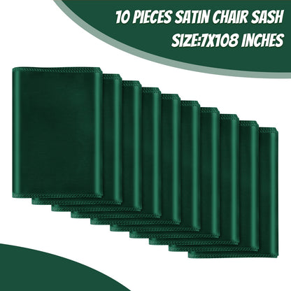 Bouiexye 10 PCS Forest Green Satin Chair Sashes Bows Universal Chair Ribbon Ties Back Sash for Wedding Party Reception Events Banquets Hotel Event Chair Cover Decoration (7x108 inch)