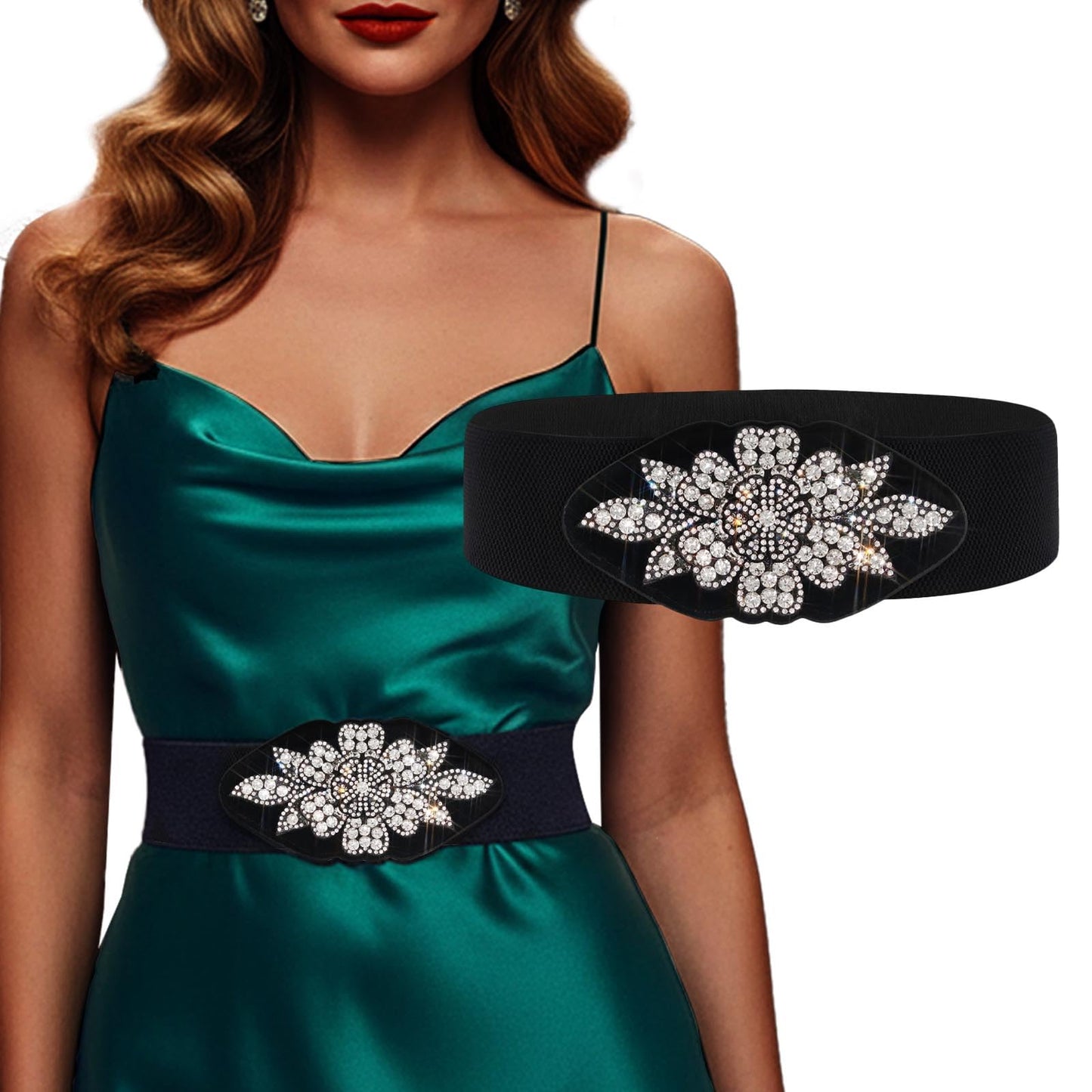Wriidy Black Stretch Belt Rhinestone Flower Wide Women Belts Crystal Fashion Large Waist Belt for Dress