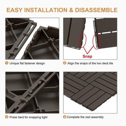 Goovilla Plastic Interlocking Deck Tiles, 9 Pack Balcony Flooring, 12"x12" Waterproof Outdoor Flooring All Weather Use, Patio Floor Decking Tiles for Porch Poolside Backyard Concrete, Dark Coffee