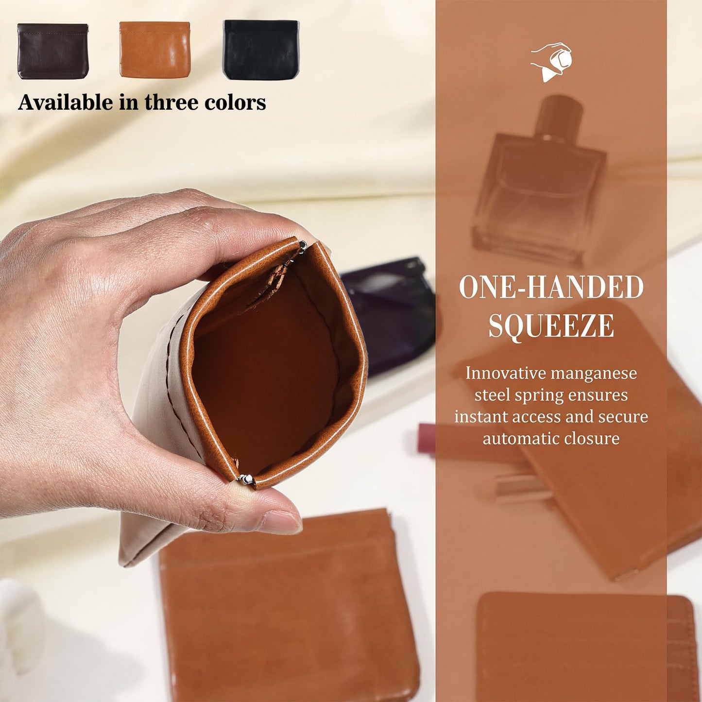 MOCICIGO 4PCS Snap Closure Organizer Pouch,Pu Leather Small Pouches for Purse Mini Cosmetic Bags for Travel Waterproof Makeup Women Purse Pouch Three Sizes Coin Purse Organizer Storage Pouch(Brown)
