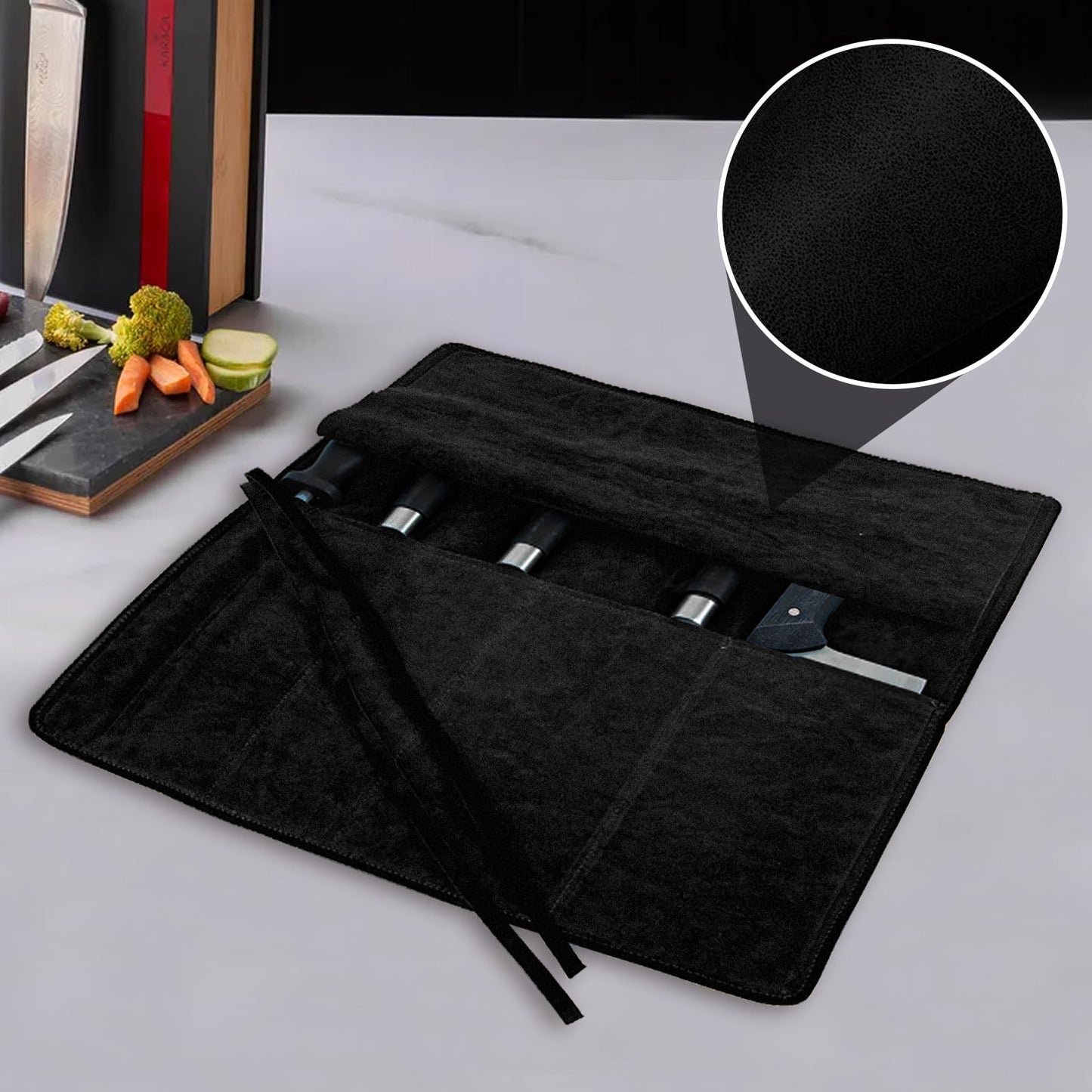 Genuine Leather Knife Roll, Knife Bags for Chefs Professional, Small Chef'S Knife,Knives Holders Protectors with 5 Slots (Black)
