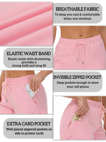 Mancreda Women's Running Shorts with Liner 3 Zipper Pockets Elastic Workout Athletic Gym Yoga Shorts(PK,S) Pink
