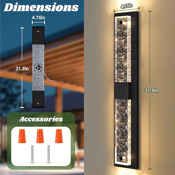 31.5in Large Size Outdoor Wall Light Fixtures with Crystal Bubble Glass, Waterproof Exterior Sconces LED Wall Lanterns, Porch Lights Wall Mounted 10W 3000K Outside Lights for House Front Door Garage